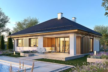 Projekt domu Kiwi 7 - parterowy dom o powierzchni 99,25 m², dach kopertowy, koszt budowy 276 000 zł - ujęcie frontu
