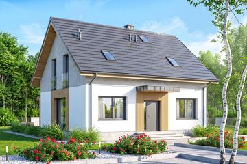 Projekt domu Tamarillo 9 plus - parterowy z poddaszem dom o powierzchni 108,99 m², dach dwuspadowy, koszt budowy 283 000 zł - ujęcie frontu