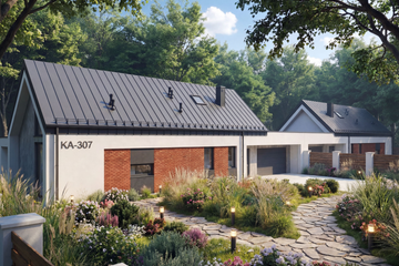Projekt domu Ka307 - parterowy dom o powierzchni 193,58 m², dach dwuspadowy - ujęcie frontu