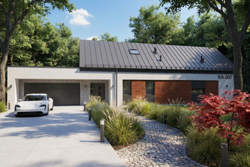 Projekt domu Ka307 S - parterowy dom o powierzchni 96,79 m², dach dwuspadowy, koszt budowy 344 000 zł - ujęcie frontu