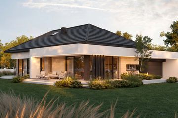 Projekt domu HomeKoncept 145 G2 - parterowy dom o powierzchni 115,49 m², dach kopertowy, koszt budowy 395 000 zł - ujęcie frontu