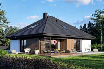 Projekt domu Flo V - parterowy z poddaszem dom o powierzchni 103,59 m², dach kopertowy, koszt budowy 321 000 zł - ujęcie frontu