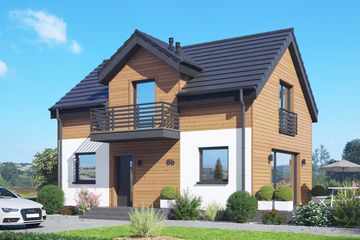 Projekt domu Hebdowice aa 70 - parterowy z poddaszem dom o powierzchni 83,84 m², dach dwuspadowy, koszt budowy 229 000 zł - ujęcie frontu