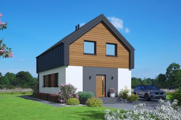 Projekt domu Radowice aa 70 - parterowy z poddaszem dom o powierzchni 91,91 m², dach dwuspadowy, koszt budowy 230 000 zł - ujęcie frontu