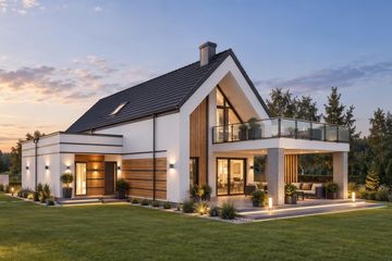 Projekt domu Grala - parterowy z poddaszem dom o powierzchni 168,34 m², dach dwuspadowy, koszt budowy 520 000 zł - ujęcie frontu