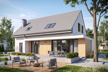 Projekt domu Studio 133 - parterowy z poddaszem dom o powierzchni 155,17 m², dach dwuspadowy, koszt budowy 421 000 zł - ujęcie frontu