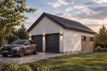 Projekt garażu Faro - parterowy dom o powierzchni 53,84 m², dach dwuspadowy - ujęcie frontu