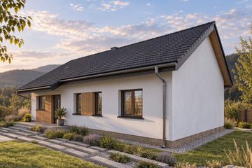 Projekt domu Mila - parterowy dom o powierzchni 92,89 m², dach dwuspadowy, koszt budowy 257 000 zł - ujęcie frontu
