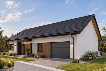 Projekt domu Scala - parterowy dom o powierzchni 153,64 m², dach dwuspadowy, koszt budowy 466 000 zł - ujęcie frontu