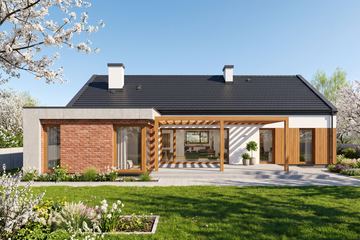 Projekt domu Dalia - parterowy dom o powierzchni 167,20 m², dach dwuspadowy, koszt budowy 510 000 zł - ujęcie frontu