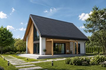 Projekt domu D464 - parterowy z poddaszem dom o powierzchni 87,08 m², dach dwuspadowy, koszt budowy 260 000 zł - ujęcie frontu