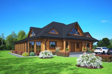 Projekt domu Chmielniki dw 44 - parterowy z poddaszem dom o powierzchni 220,25 m², dach kopertowy - ujęcie frontu
