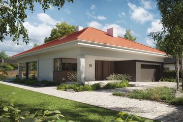 Projekt domu NewHouse 771 red - parterowy dom o powierzchni 133,61 m², dach kopertowy, koszt budowy 416 000 zł - ujęcie frontu
