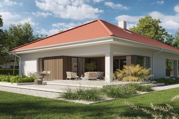 Projekt domu NewHouse 771 w3 red - parterowy dom o powierzchni 116,98 m², dach kopertowy, koszt budowy 368 000 zł - ujęcie frontu