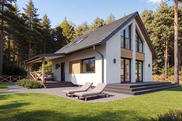 Projekt domu Erna 5 - parterowy z poddaszem dom o powierzchni 75,68 m², dach dwuspadowy, koszt budowy 210 000 zł - ujęcie frontu