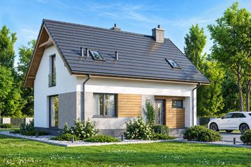 Projekt domu Rodzinek 5 mini 3 - parterowy z poddaszem dom o powierzchni 89,15 m², dach dwuspadowy, koszt budowy 245 000 zł - ujęcie frontu