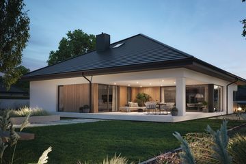 Projekt domu NewHouse 761 w6 S - parterowy dom o powierzchni 148,63 m², dach namiotowy, koszt budowy 461 000 zł - ujęcie frontu