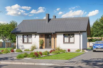 Projekt domu Tebe 7 szkielet drewniany - parterowy dom o powierzchni 60 m², dach dwuspadowy - ujęcie frontu