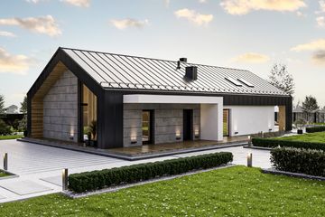 Projekt domu PióroArchitekci - 19 szkieletowy - parterowy dom o powierzchni 132,80 m², dach dwuspadowy - ujęcie frontu