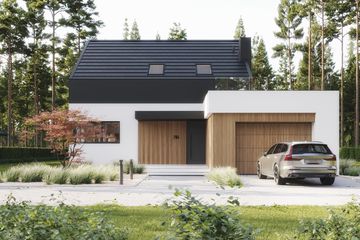 Projekt domu NewHouse 785 - parterowy z poddaszem dom o powierzchni 122,95 m², dach dwuspadowy, koszt budowy 347 000 zł - ujęcie frontu