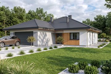 Projekt domu Abditus II G2 - parterowy dom o powierzchni 117,29 m², dach kopertowy, koszt budowy 388 000 zł - ujęcie frontu