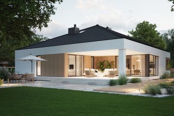 Projekt domu NewHouse 772 - parterowy dom o powierzchni 139,12 m², dach namiotowy, koszt budowy 452 000 zł - ujęcie frontu