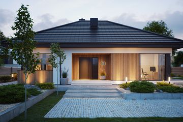 Projekt domu NewHouse 769 - parterowy dom o powierzchni 98,67 m², dach kopertowy, koszt budowy 293 000 zł - ujęcie frontu