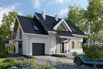 Projekt domu Malina (1405) - parterowy z poddaszem dom o powierzchni 112,20 m², dach dwuspadowy, koszt budowy 300 000 zł - ujęcie frontu