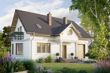 Projekt domu Drabant Lux (873) - parterowy z poddaszem dom o powierzchni 121 m², dach dwuspadowy, koszt budowy 323 000 zł - ujęcie frontu