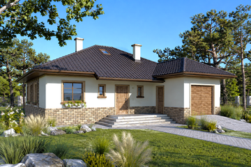 Projekt domu Nikola - parterowy dom o powierzchni 136,90 m², dach kopertowy, koszt budowy 394 000 zł - ujęcie frontu