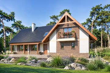 Projekt domu Oliwia - parterowy z poddaszem dom o powierzchni 177 m², dach czterospadowy, koszt budowy 465 000 zł - ujęcie frontu