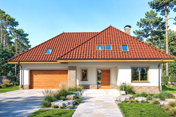 Projekt domu Syntia II wersja B - parterowy z poddaszem dom o powierzchni 196,90 m², dach kopertowy, koszt budowy 515 000 zł - ujęcie frontu