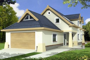 Projekt domu Alicja paliwo stałe wersja A z podwójnym garażem - parterowy z poddaszem dom o powierzchni 123,80 m², dach dwuspadowy - ujęcie 2