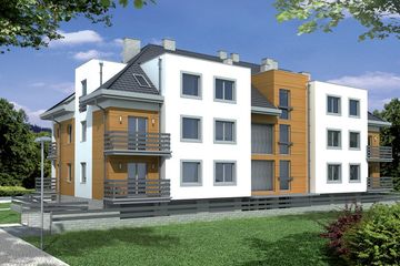 Projekt budynku wielorodzinnego Domy Szczęśliwe 1 wersja A - z pełnym piętrem i poddaszem dom o powierzchni 873 m², dach kopertowy - ujęcie 2