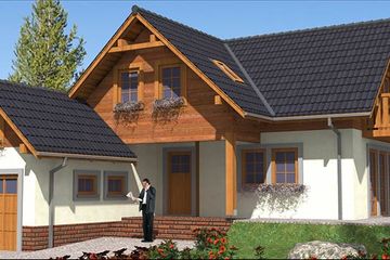 Projekt domu L-77 Dom grzybowa - szkieletowy - parterowy z poddaszem dom o powierzchni 125,30 m², dach wielospadowy - ujęcie 2