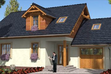 Projekt domu A-103 Dom jastrzębia - szkieletowy - parterowy z poddaszem dom o powierzchni 116,10 m², dach dwuspadowy - ujęcie 2