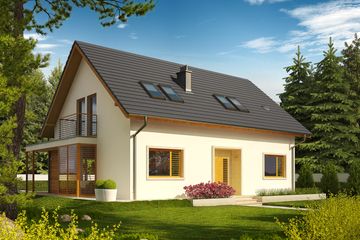 Projekt domu Katja - parterowy z poddaszem dom o powierzchni 143,26 m², dach dwuspadowy, koszt budowy 371 000 zł - ujęcie frontu