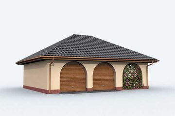 Projekt garażu G146 garaż dwustanowiskowy z pomieszczeniem gospodarczym - parterowy dom o powierzchni 69,33 m², dach kopertowy, koszt budowy 67 444 zł - ujęcie frontu