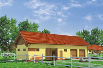 Projekt budynku gospodarczego BGS6 Budynek gospodarczy - parterowy dom o powierzchni 96,69 m², dach dwuspadowy, koszt budowy 123 763 zł - ujęcie frontu