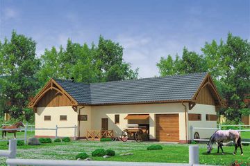 Projekt budynku gospodarczego BGS13 Budynek gospodarczy - parterowy dom o powierzchni 121,97 m², dach czterospadowy, koszt budowy 156 122 zł - ujęcie frontu