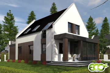 Projekt domu Rumcajs z garażem 1-st. [A] - parterowy z poddaszem dom o powierzchni 119,30 m², dach dwuspadowy, koszt budowy 330 000 zł - ujęcie frontu