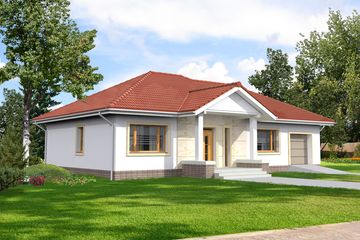 Projekt domu Lucia II DCB88a - parterowy dom o powierzchni 94,29 m², dach czterospadowy, koszt budowy 283 000 zł - ujęcie frontu