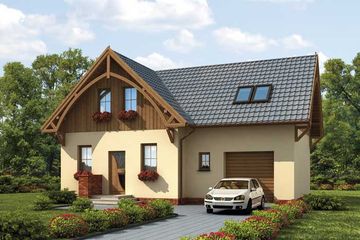 Projekt domu Palanka - parterowy z poddaszem dom o powierzchni 102,88 m², dach czterospadowy, koszt budowy 155 390 zł - ujęcie frontu