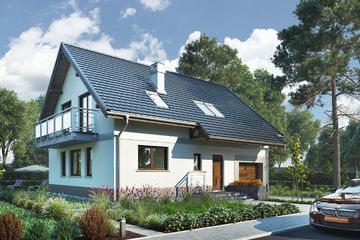 Projekt domu Oberek Polo (1072) - parterowy z poddaszem dom o powierzchni 117,60 m², dach dwuspadowy, koszt budowy 235 806 zł - ujęcie frontu