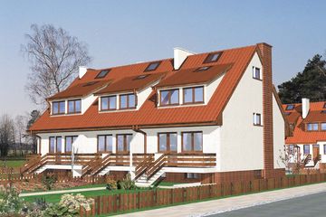 Projekt domu SP-0103 - parterowy z poddaszem dom o powierzchni 103,50 m², dach dwuspadowy - ujęcie frontu