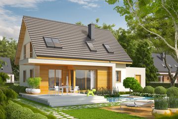 Projekt domu Nikodem G1 - parterowy z poddaszem dom o powierzchni 121,92 m², dach dwuspadowy, koszt budowy 312 000 zł - ujęcie frontu