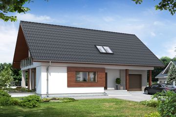 Projekt domu Storczyk - parterowy z poddaszem dom o powierzchni 155,70 m², dach dwuspadowy, koszt budowy 416 000 zł - ujęcie frontu