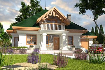 Projekt domu Żuraw z garażem 1-st. [A] - parterowy z poddaszem dom o powierzchni 140,10 m², dach namiotowy, koszt budowy 387 000 zł - ujęcie frontu