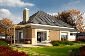 Projekt domu Niki G1 (wersja A) energo - parterowy z poddaszem dom o powierzchni 115,06 m², dach namiotowy, koszt budowy 320 000 zł - ujęcie frontu