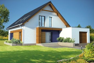 Projekt domu Garda DCP310 - parterowy z poddaszem dom o powierzchni 156,53 m², dach dwuspadowy, koszt budowy 420 000 zł - ujęcie frontu